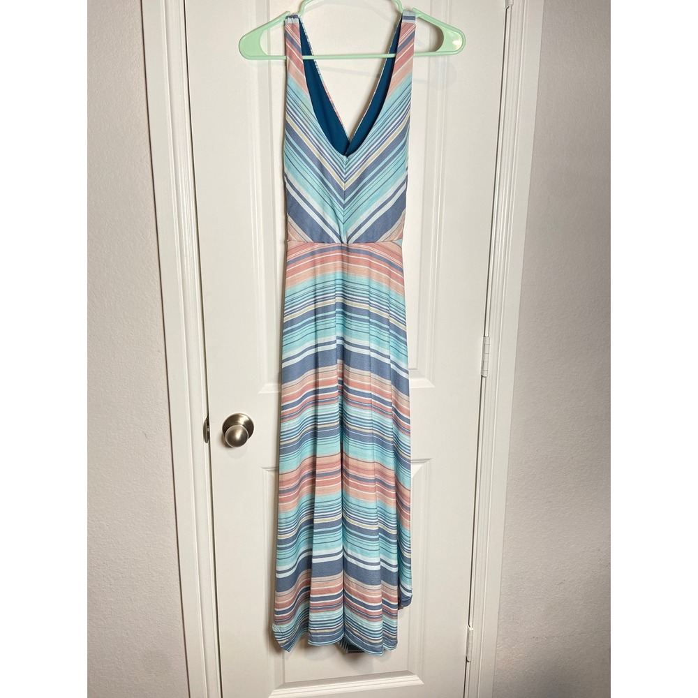 Prana Maxi Dress Women's Size L Striped Sleeveless V-Neck Casual Blue Coral
